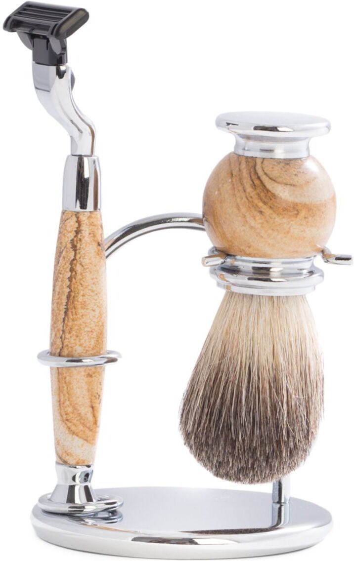 Bey-Berk Men's 3-Piece Mach3 Razor, Badger Brush & Stone Stand Set - Tan Stone