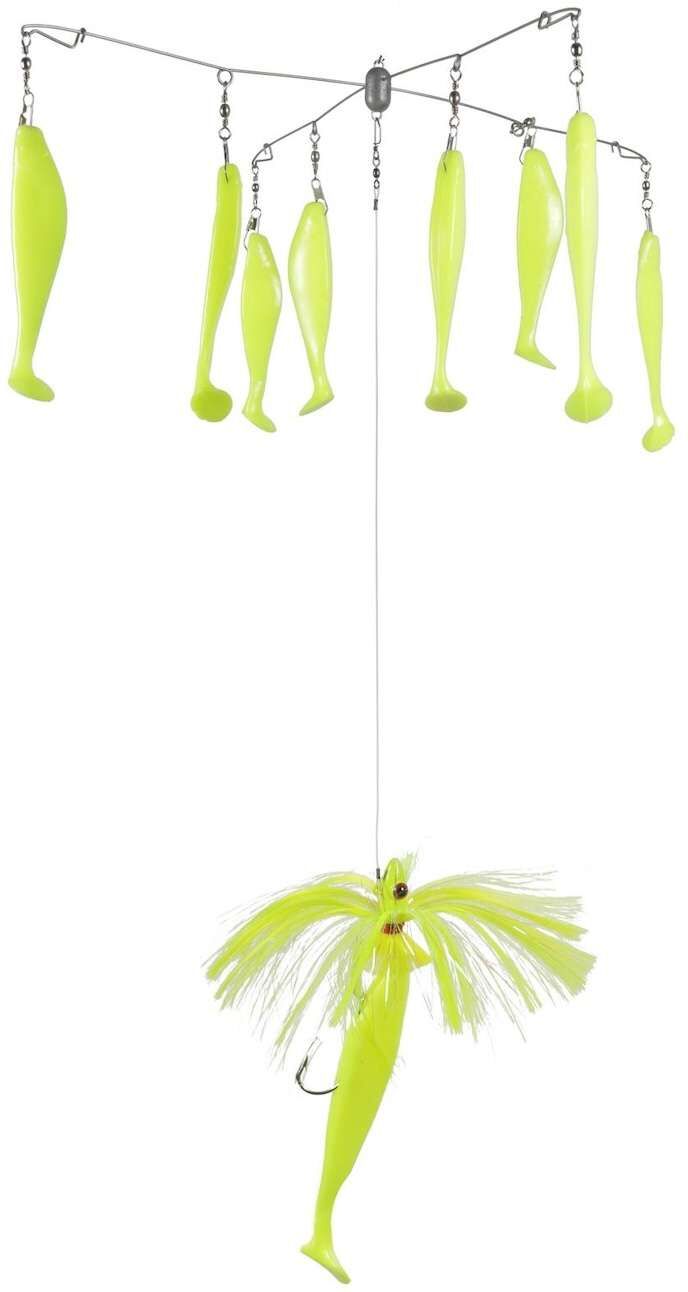 Candy Blue Water Candy Fully Loaded 20in 4-Arm Umbrella Rig with 4oz Spire Drop - Chartreuse