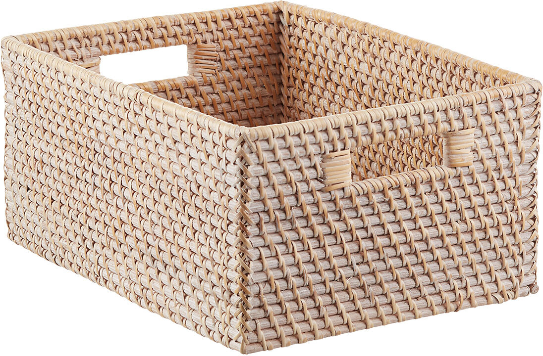 The Container Store Large Rattan Bin w/ Handles Whitewash