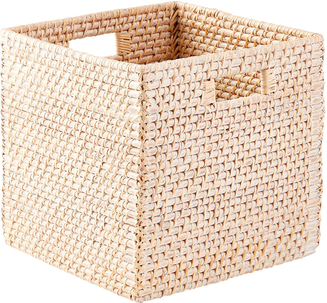 The Container Store Large Rattan Cube w/ Handles Whitewash