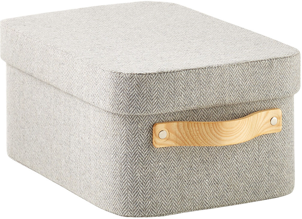 The Container Store Medium Herringbone Box w/ Wooden Handles Grey