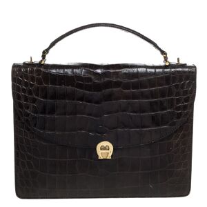 Aigner Black Croc Embossed Leather Logo Buckle Flap Top Handle Bag  - Gender: female