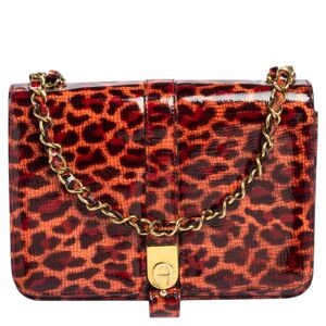 Aigner Red/Peach Leopard Print Patent Leather Flap Chain Shoulder Bag  - Gender: female