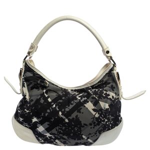 Burberry Black/White Floral Beat Check Nylon and Patent Leather Small Foley Hobo  - Gender: female