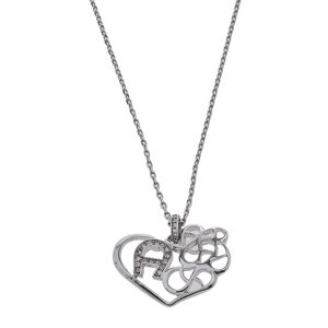 Aigner Silver Tone Crystal Logo Heart Pendant Necklace  - Gender: female