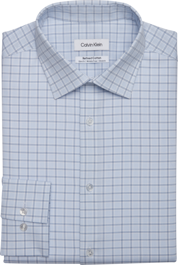 Calvin Klein Men's Refined Cotton Slim Fit Grid Spread Collar Dress Shirt Blue Plaid - Size: 14 1/2 32/33 - Blue - male