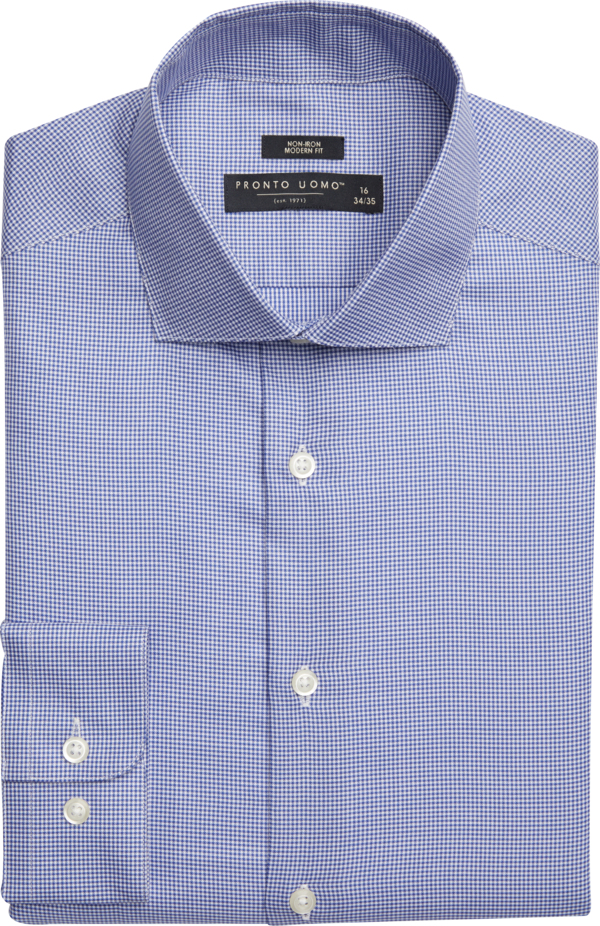 Pronto Uomo Men's Modern Fit Dress Shirt Blue Check - Size: 17 1/2 34/35 - Only Available at Men's Wearhouse - Blue - male