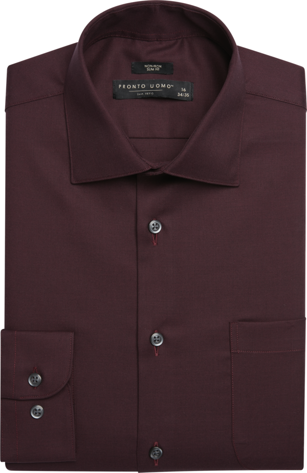 Pronto Uomo Men's Slim Fit Solid Sharkskin Dress Shirt Burgundy Solid - Size: 16 1/2 32/33 - Only Available at Men's Wearhouse - Burgundy Solid - male