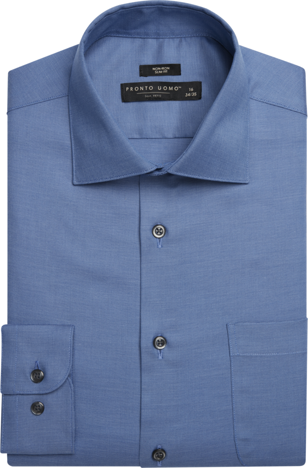 Pronto Uomo Men's Slim Fit Solid Sharkskin Dress Shirt Blue Solid - Size: 16 34/35 - Only Available at Men's Wearhouse - Blue - male