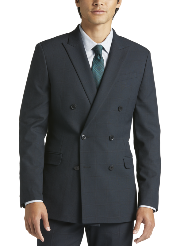 Egara Skinny Fit Double Breasted Peak Lapel Men's Suit Separates Jacket Dark Green Plaid - Size: 34 Regular - Dark Green Plaid - male