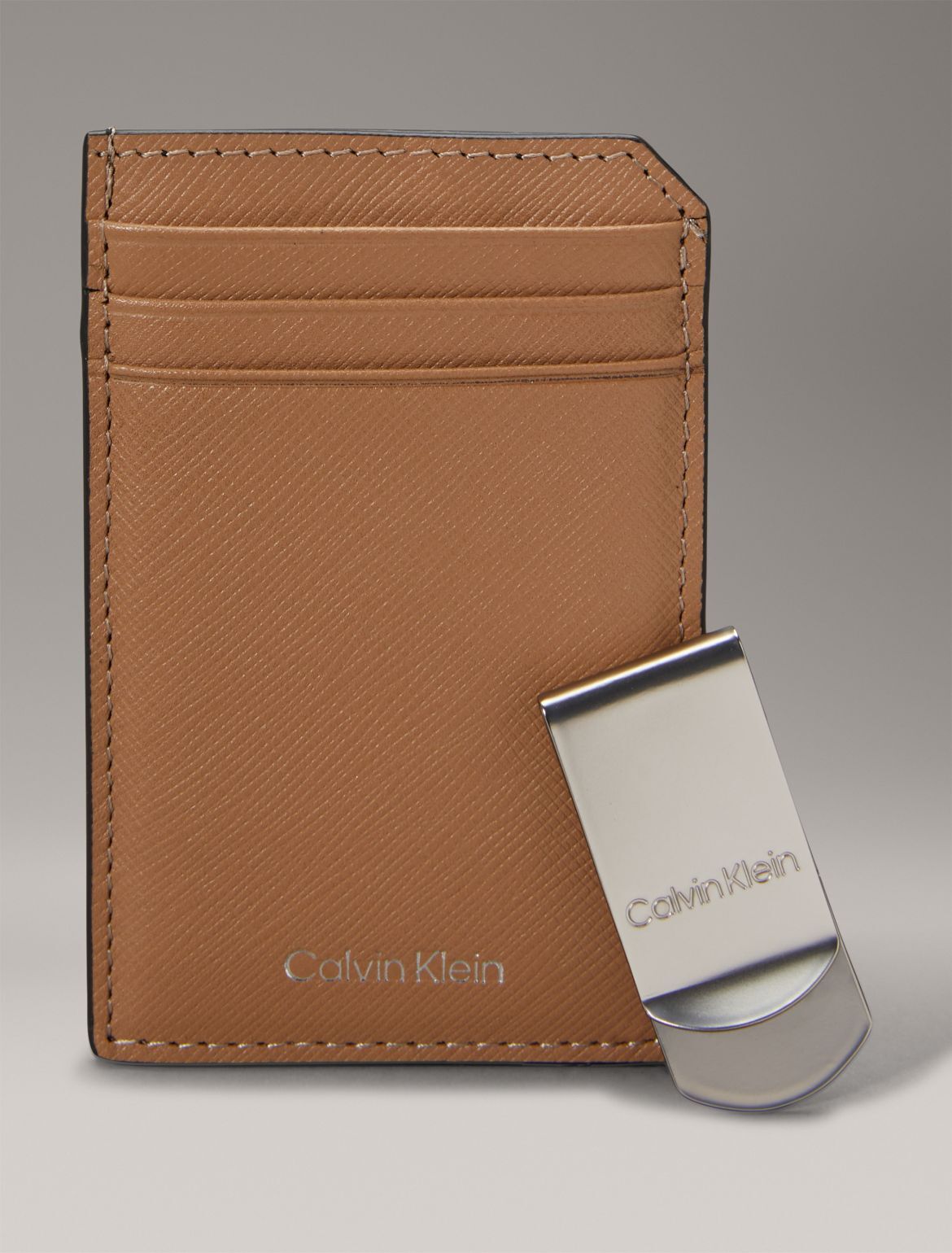 Calvin Klein Men's Refined Saffiano Card Case + Money Clip - Brown