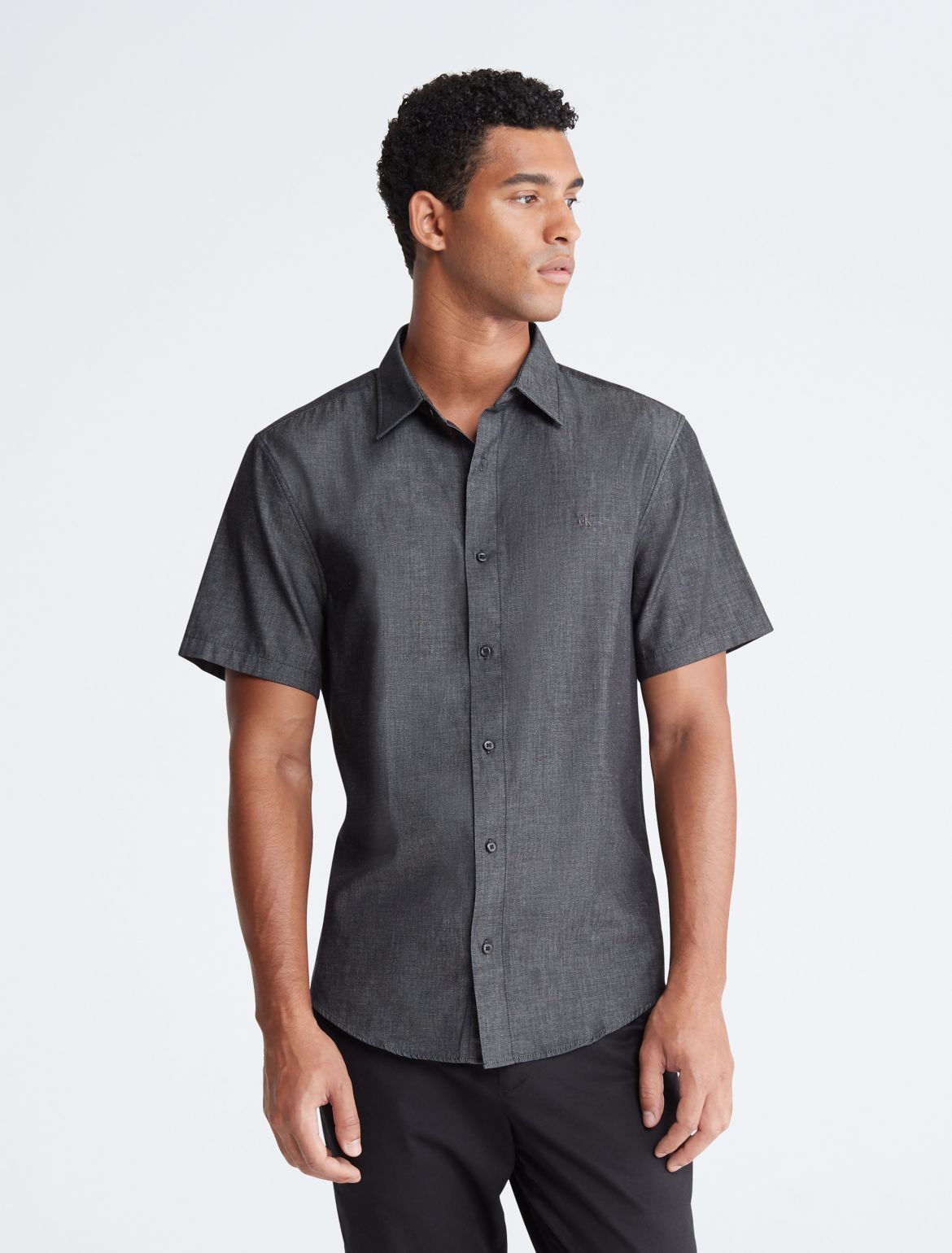 Calvin Klein Men's Chambray Classic Short Sleeve Button-Down Shirt - Black - XXL