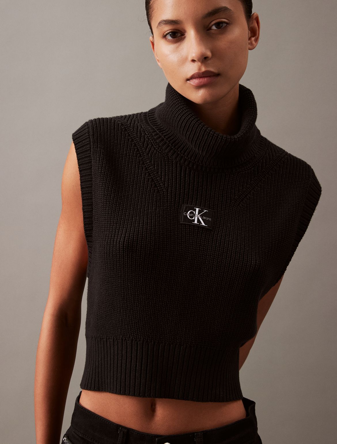 Calvin Klein Women's Ribbed Monogram Logo Sweater Vest - Black - XS