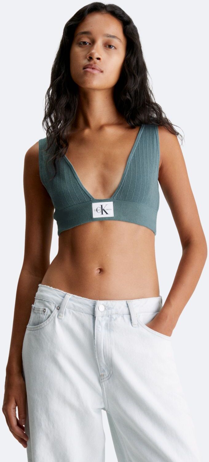 Calvin Klein Women's Ribbed Plunge Neck Sweater Bralette - Blue - XL