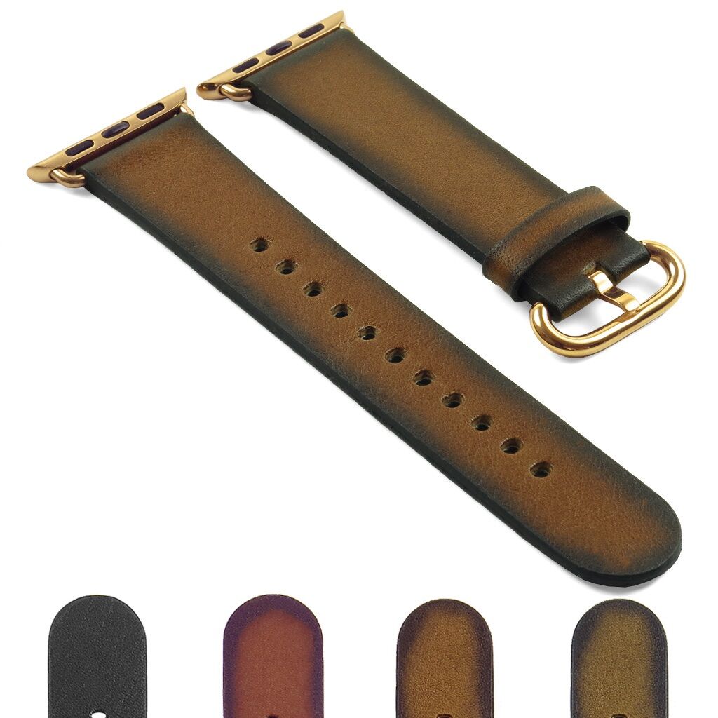 Strapsco DASSARI Vintage Leather Strap For Apple Watch w/ Yellow Gold Buckle