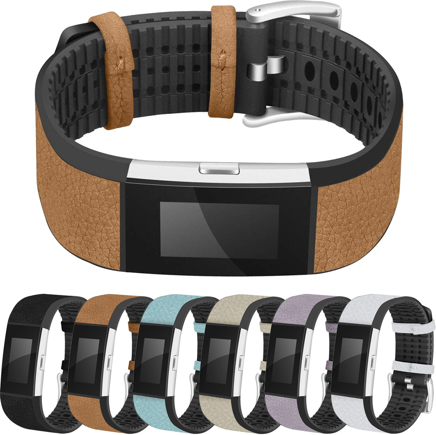 Strapsco Rubber & Leather Strap for Fitbit Charge 2