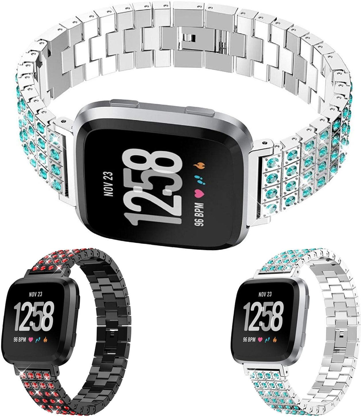 Strapsco Stainless Steel Strap w/ Rhinestones for Fitbit Versa & Versa 2