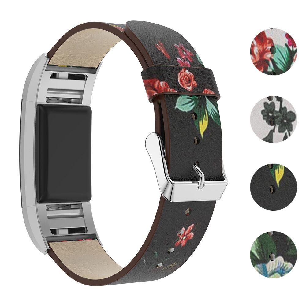Strapsco Leather Strap with Peonies for Fitbit Charge 2