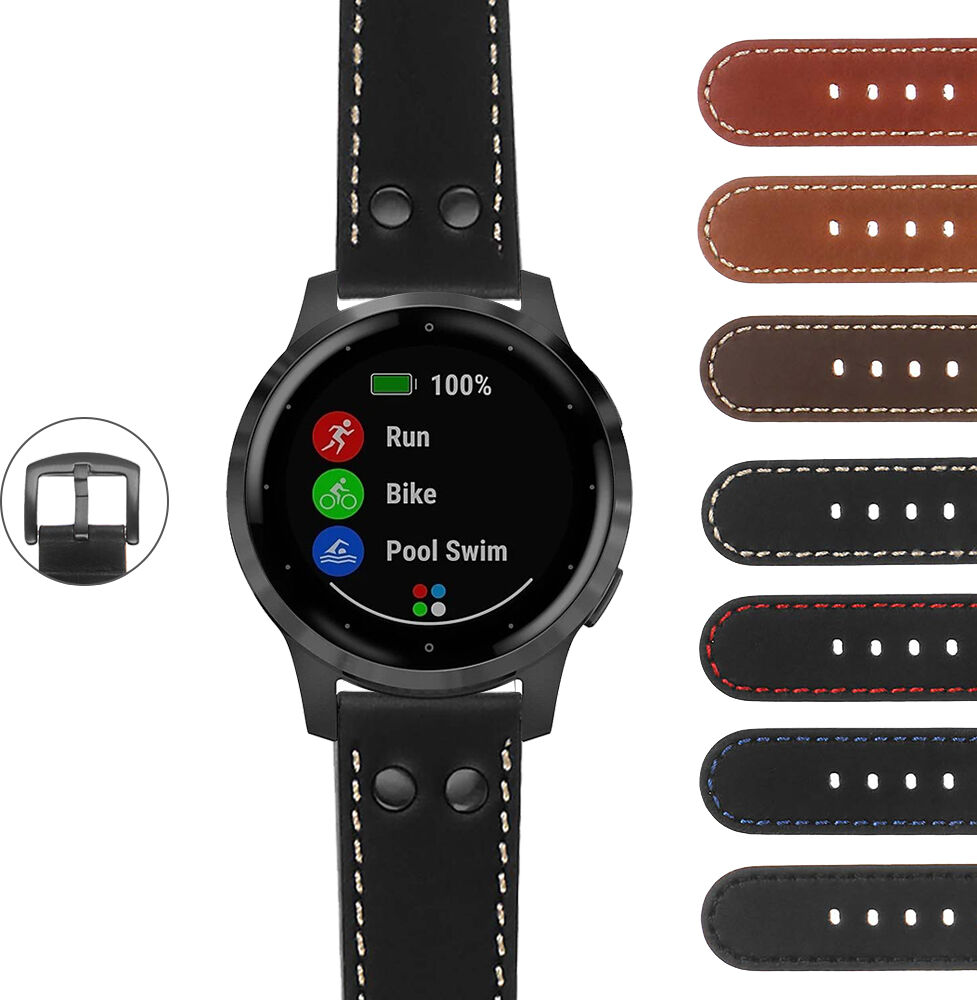 Strapsco DASSARI Leather Pilot Strap with Black Rivets for Garmin Vivoactive 4S & Vivomove 3S