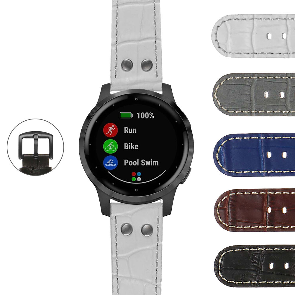 Strapsco DASSARI Croc Embossed Leather Pilot Strap with Black Rivets for Garmin Vivoactive 4S & Vivomove 3S