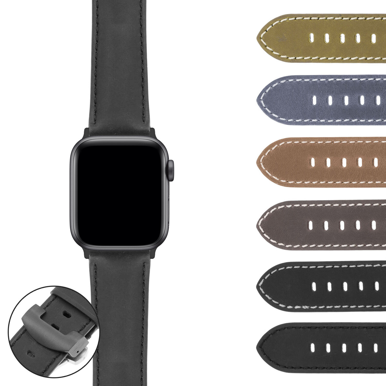 Strapsco DASSARI Vintage Leather Strap w/ Black Deployant Clasp for Apple Watch