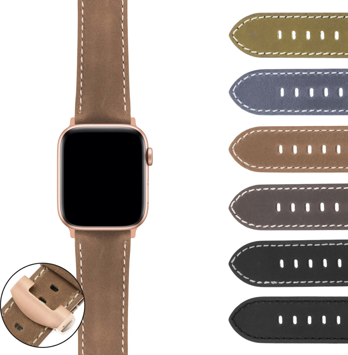 Strapsco DASSARI Vintage Leather Strap w/ Rose Gold Deployant Clasp for Apple Watch