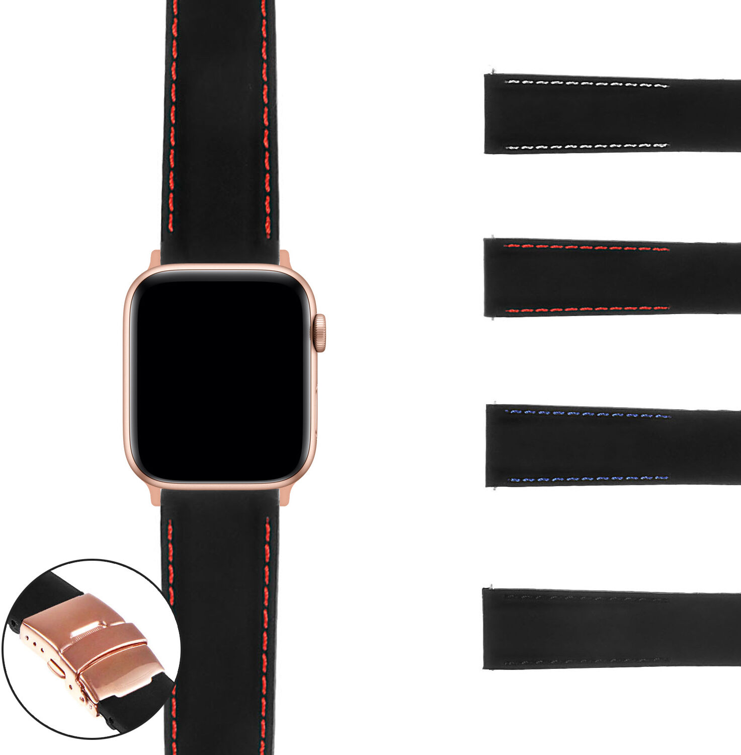 Strapsco Rubber Strap with Stitching & Rose Gold Clasp for Apple Watch