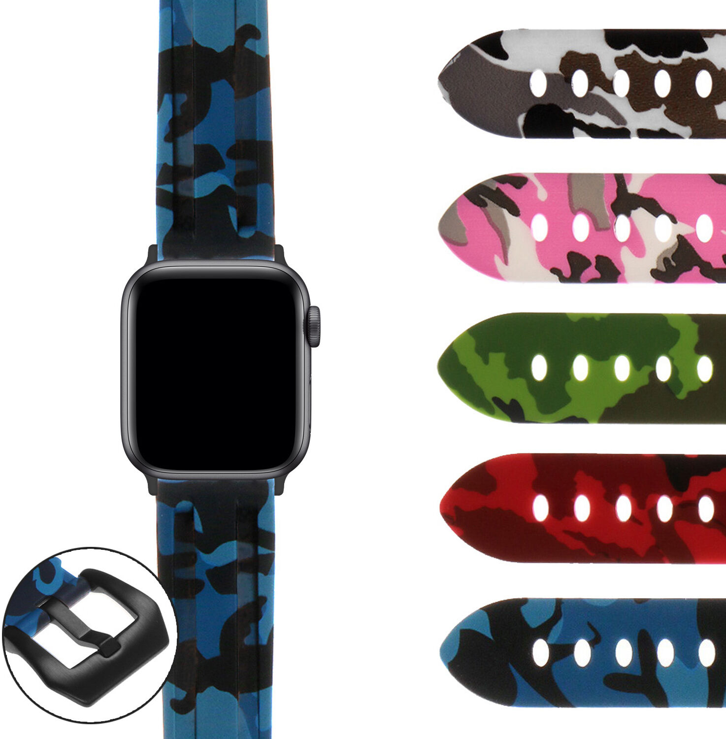 Strapsco Camo Silicone Watch Strap with Matte Black Pre-V Buckle for Apple Watch