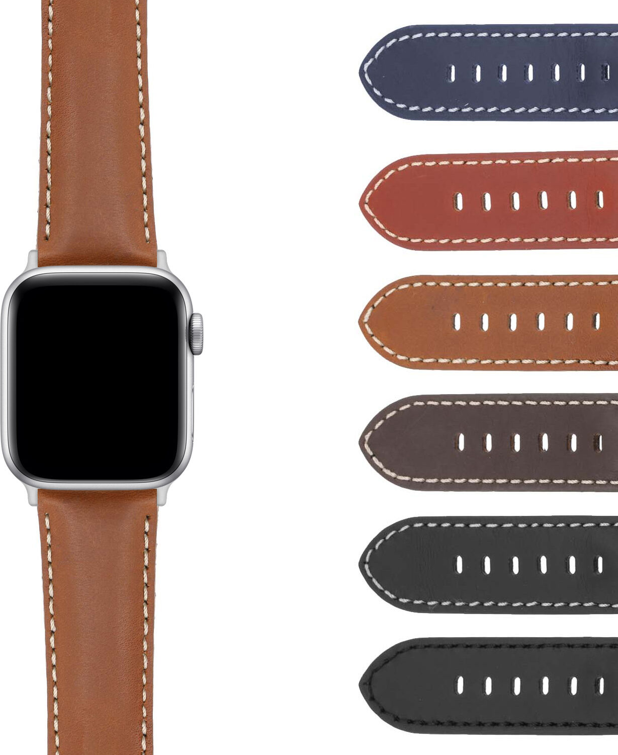 Strapsco DASSARI Smooth Leather Strap w/ Silver Deployant Clasp for Apple Watch