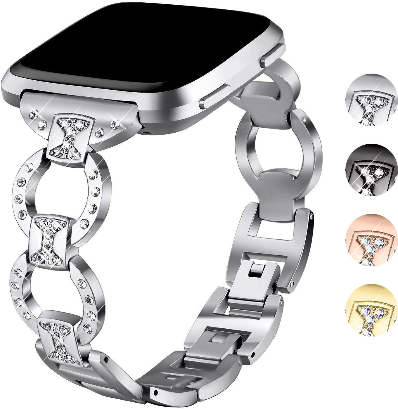 Strapsco Link Bracelet w/ Rhinestones for Fitbit Versa & Versa 2