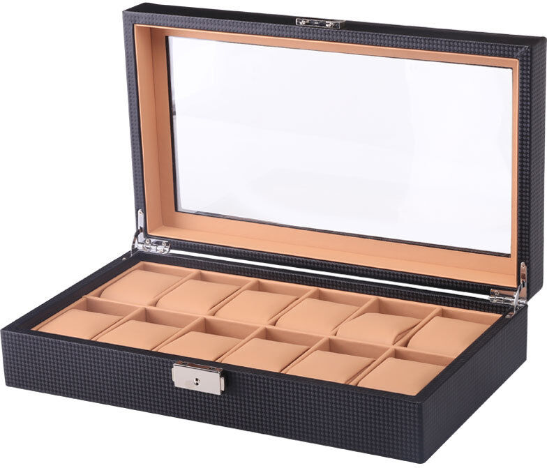 Strapsco Carbon Fiber & Tan Watch Box for 12 Watches