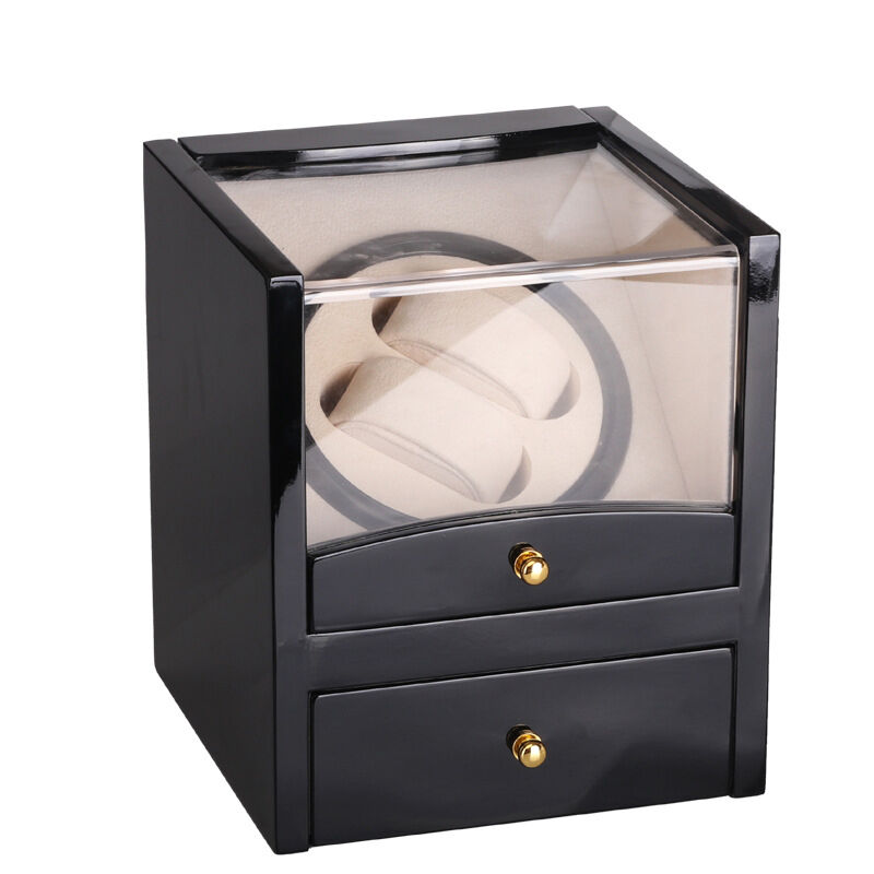 Strapsco Piano Black Watch Winder with Drawer for 2 Watches