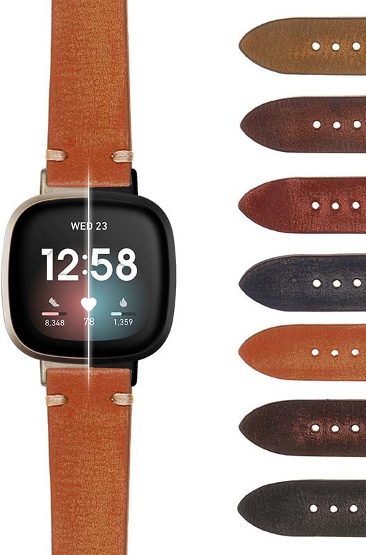 Strapsco Hand-Stitched Vintage Washed Leather Strap for Fitbit Sense