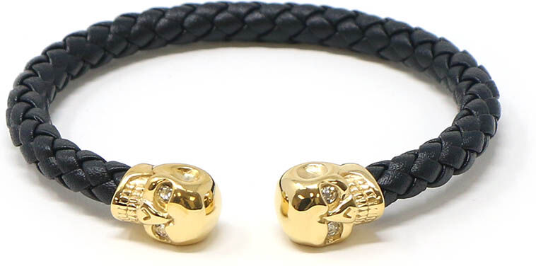 Strapsco Leather Braided Gold Skull Bracelet