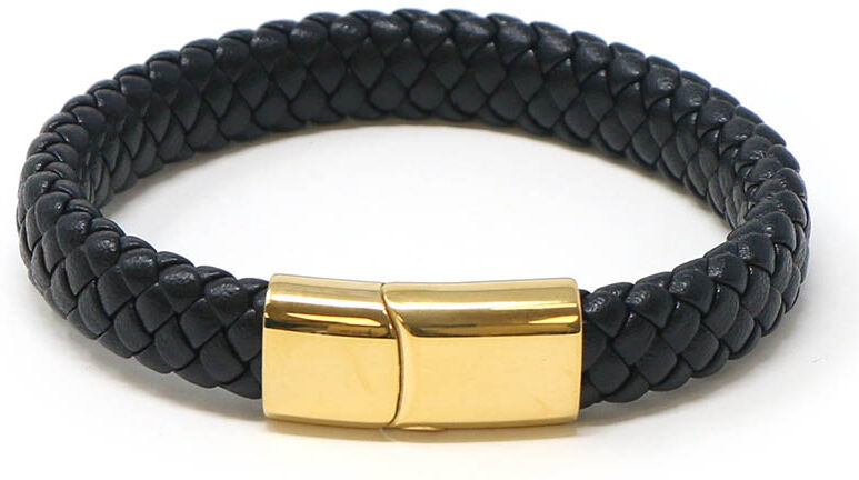 Strapsco Wide Plaited Leather Bracelet with Gold Clasp