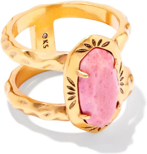 Kendra Scott Elyse Vintage Gold Etch Frame Band Ring in Blush Pink Quartzite   Quartzite/Metal   Size 7