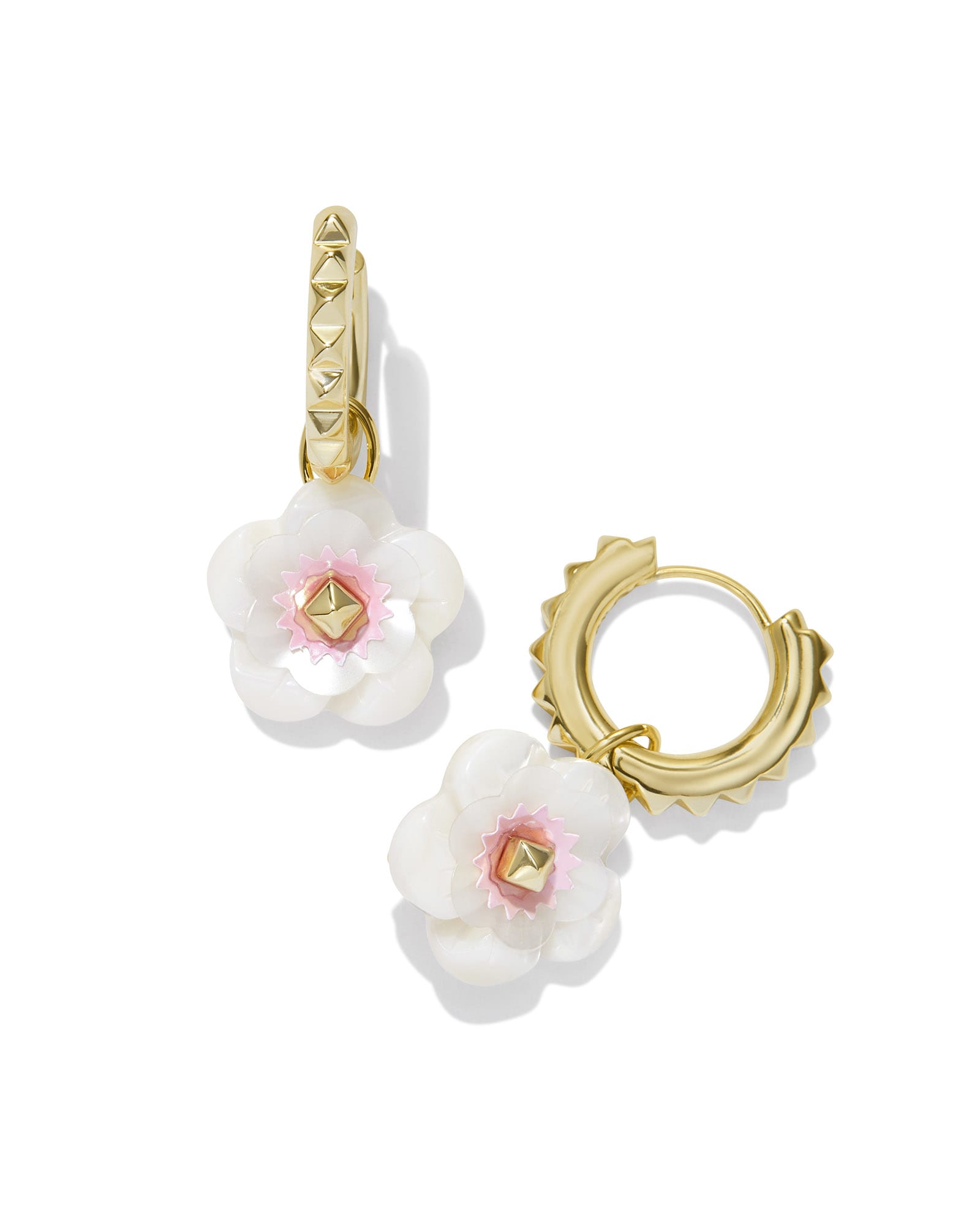 Kendra Scott Deliah Convertible Gold Huggie Earrings in Iridescent Pink White Mix   Mixed Stones