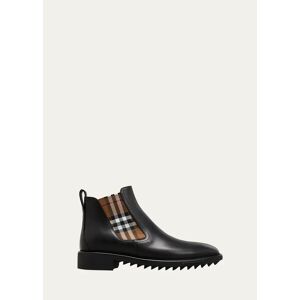 Burberry Men's Check-Print Leather Chelsea Boots  - BLACK