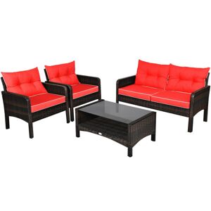 Costway 4 Pieces Outdoor Rattan Wicker Loveseat Furniture Set with Cushions-Red