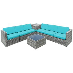 Costway 8 Piece Wicker Sofa Rattan Dinning Set Patio Furniture with Storage Table-Turquoise