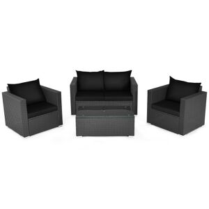 Costway 4 Pieces Patio Rattan Conversation Set with Padded Cushion and Tempered Glass Coffee Table-Black