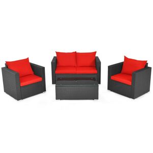 Costway 4 Pieces Patio Rattan Conversation Set with Padded Cushion and Tempered Glass Coffee Table-Red