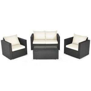 Costway 4 Pieces Patio Rattan Conversation Set with Padded Cushion and Tempered Glass Coffee Table-White