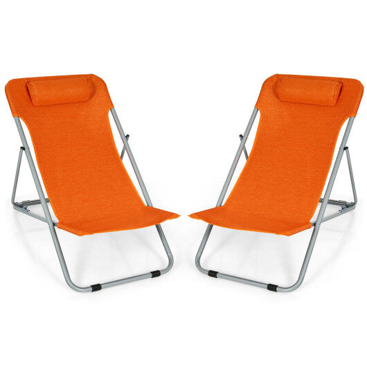 Costway Portable Beach Chair Set of 2 with Headrest -Orange