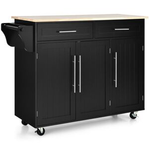Costway Kitchen Island Trolley Wood Top Rolling Storage Cabinet Cart with Knife Block-Black