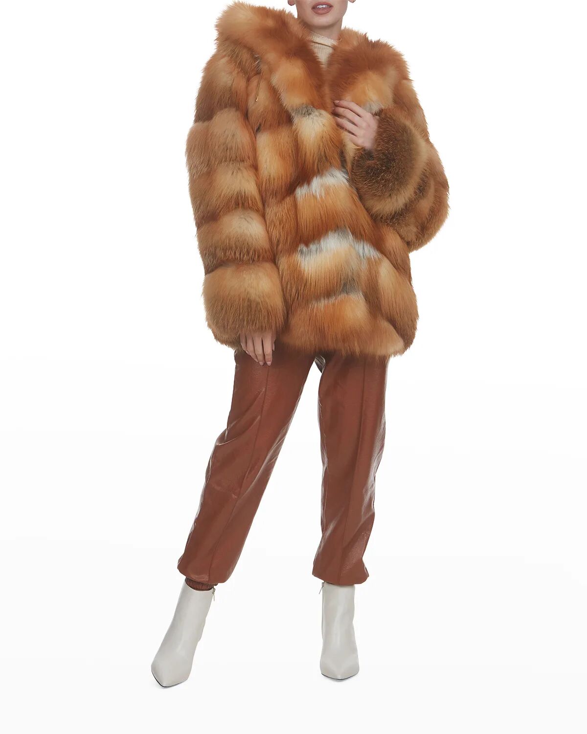 Gorski Chevron Fox Fur Parka Coat - Size: X-SMALL - RED FOX