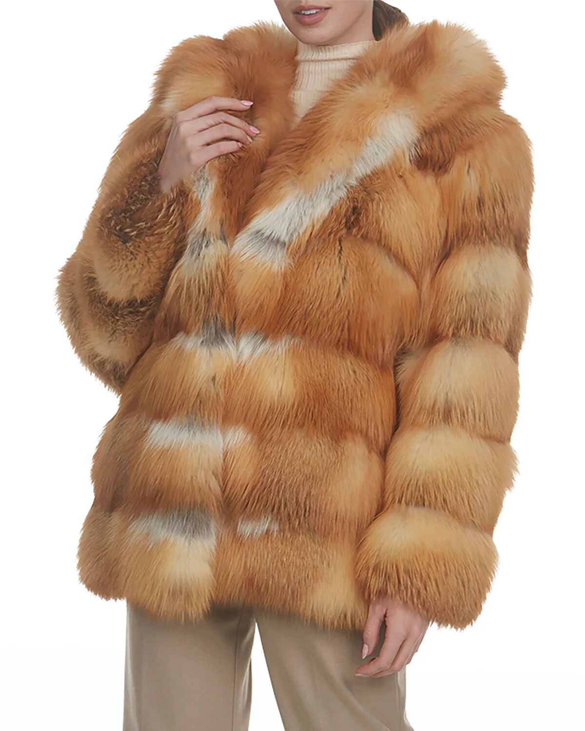 Gorski Hooded Horizontal Fox Fur Parka Coat - Size: X-SMALL - RED FOX