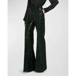 Elie Saab Sequin Pinstriped Velvet Flare-Leg Pants - Size: 42 FR (10 US) - GREEN BLACK