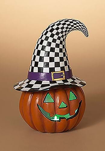 10-Inch Light Up Halloween Pumpkin with Witch Hat Decoration
