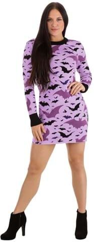 Black and Purple Bats Sweater Dress for Women